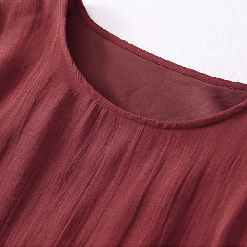 Buddha Stones Solid Color Embroidery Short Sleeve Cotton Midi Dress - image 19