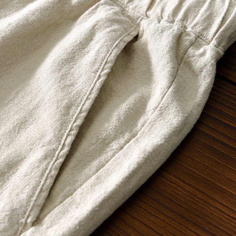 Buddha Stones Casual Solid Color Simple Design Drawstring Ramie Linen Men's Pants With Pockets - image 3