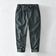 Foviel Casual Solid Color Simple Design Drawstring Ramie Linen Men's Pants With Pockets