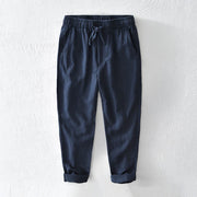 Foviel Casual Solid Color Simple Design Drawstring Ramie Linen Men's Pants With Pockets