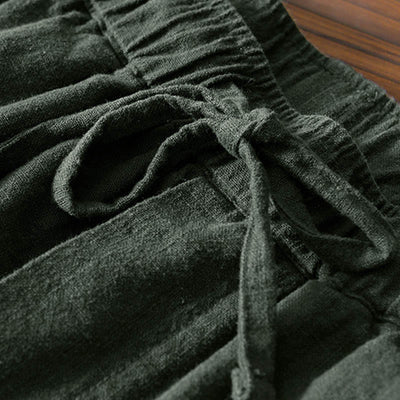 Buddha Stones Casual Solid Color Simple Design Drawstring Ramie Linen Men's Pants With Pockets - image 28
