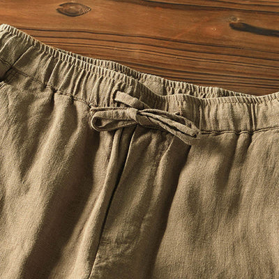 Buddha Stones Casual Solid Color Simple Design Drawstring Ramie Linen Men's Pants With Pockets - image 31
