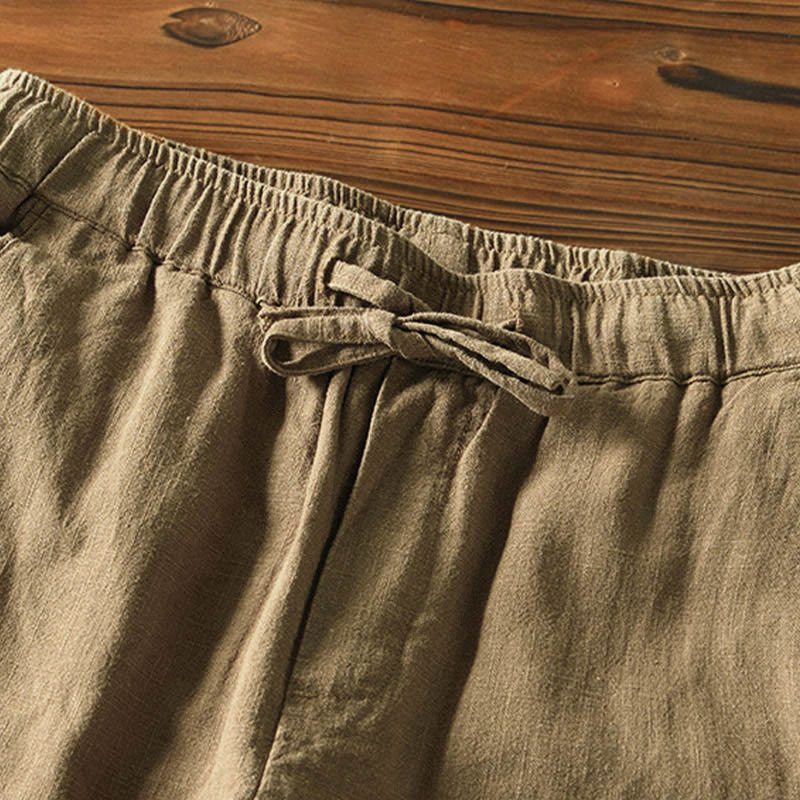 Buddha Stones Casual Solid Color Simple Design Drawstring Ramie Linen Men's Pants With Pockets - image 31