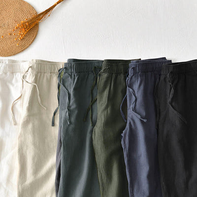 Buddha Stones Casual Solid Color Simple Design Drawstring Ramie Linen Men's Pants With Pockets - image 34
