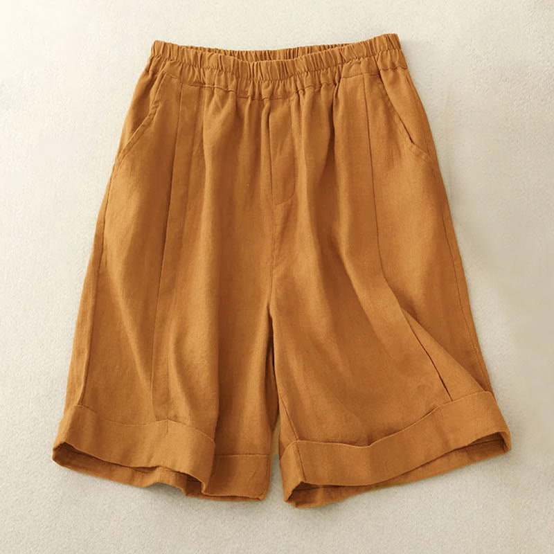 Buddha Stones Casual Solid Color Women's Cotton Shorts With Pockets - Goldenrod - US14，UK/AU18，EU46 (4XL) - image 1