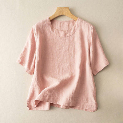 Buddha Stones Simple Plain Short Sleeve Crew Neck Side Slit Cotton Women's T-Shirt - LightPink - US12，UK/AU16，EU44 (3XL) - image 2