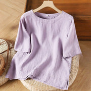 Foviel Simple Plain Short Sleeve Crew Neck Side Slit Cotton Women's T-Shirt