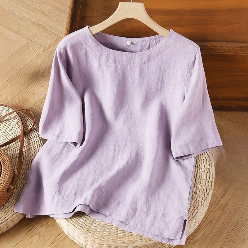 Buddha Stones Simple Plain Short Sleeve Crew Neck Side Slit Cotton Women's T-Shirt - Plum - US12，UK/AU16，EU44 (3XL) - image 1