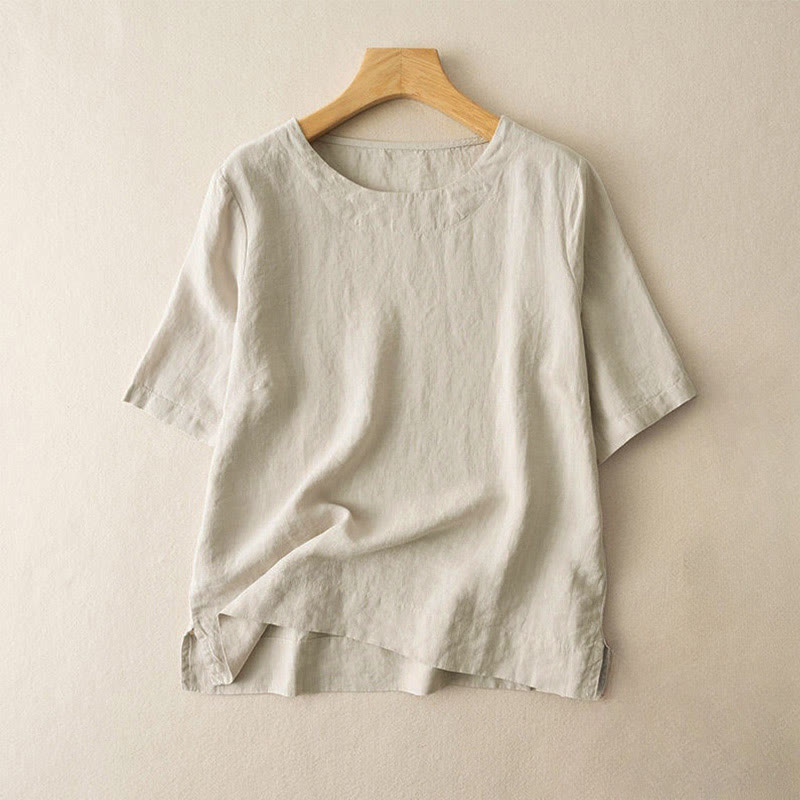 Buddha Stones Simple Plain Short Sleeve Crew Neck Side Slit Cotton Women's T-Shirt - Beige - US12，UK/AU16，EU44 (3XL) - image 6