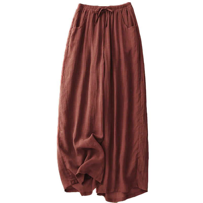 Buddha Stones Spring Pure Color Drawstring Double Layer Cotton Women's Wide Leg Pants With Pockets - image 6