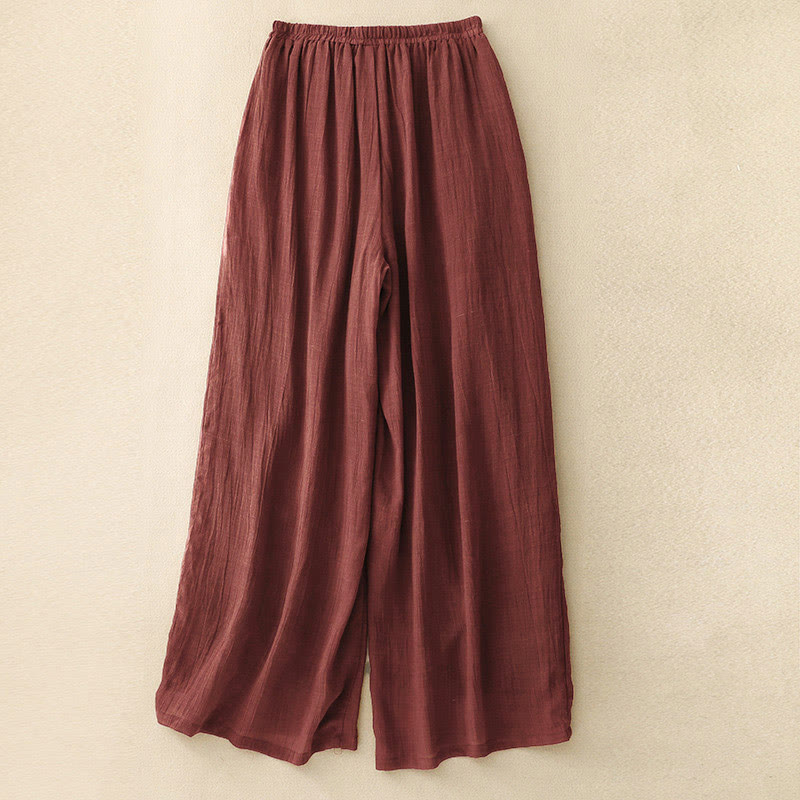 Buddha Stones Spring Pure Color Drawstring Double Layer Cotton Women's Wide Leg Pants With Pockets - image 3