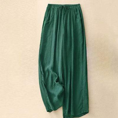 Buddha Stones Spring Pure Color Drawstring Double Layer Cotton Women's Wide Leg Pants With Pockets - ForestGreen - US8-10，UK/AU12-14，EU40-42 (2XL) - image 11