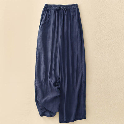Buddha Stones Spring Pure Color Drawstring Double Layer Cotton Women's Wide Leg Pants With Pockets - Navy - US8-10，UK/AU12-14，EU40-42 (2XL) - image 13