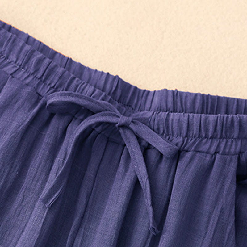 Buddha Stones Spring Pure Color Drawstring Double Layer Cotton Women's Wide Leg Pants With Pockets - image 19