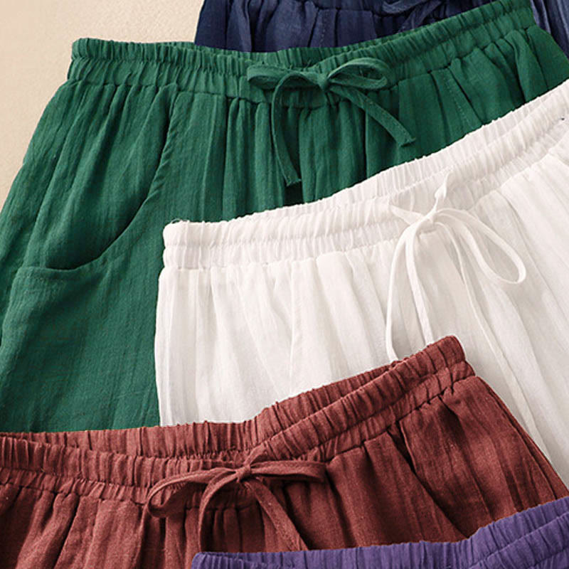 Buddha Stones Spring Pure Color Drawstring Double Layer Cotton Women's Wide Leg Pants With Pockets - image 21