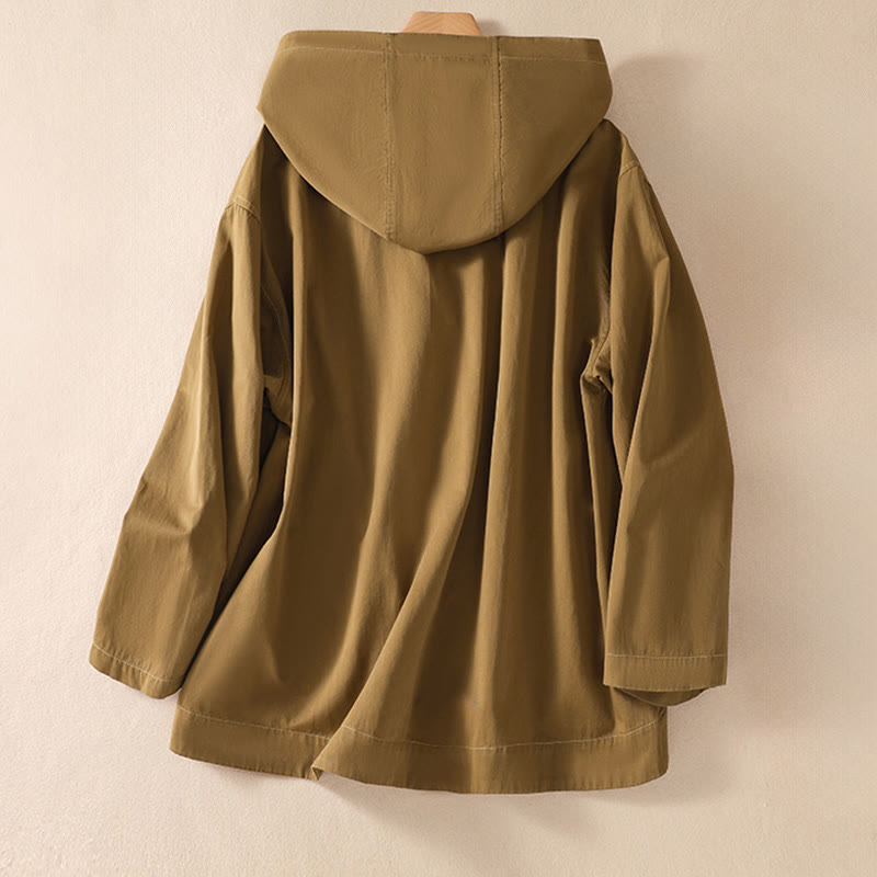 Buddha Stones Pure Color Hooded Buttons Women's Cotton Jacket With Pockets - image 3