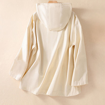 Buddha Stones Pure Color Hooded Buttons Women's Cotton Jacket With Pockets - image 8