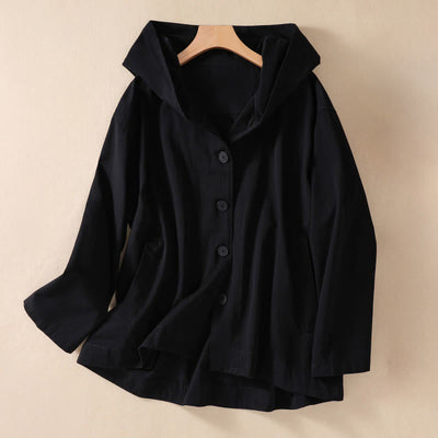 Buddha Stones Pure Color Hooded Buttons Women's Cotton Jacket With Pockets - Black - US14，UK/AU18，EU46 (2XL) - image 10