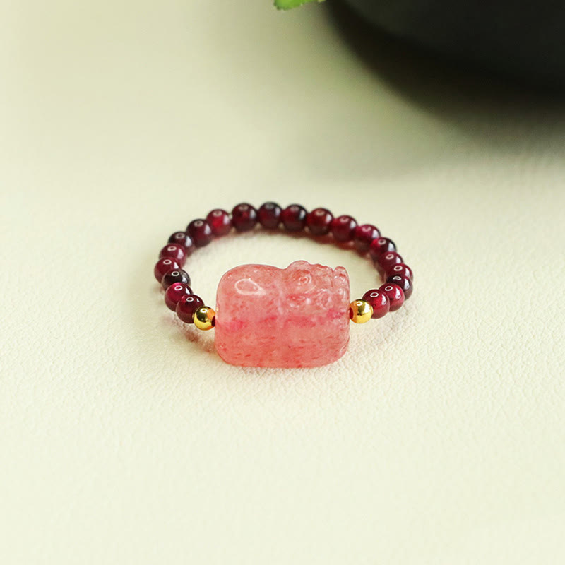 Buddha Stones Garnet Beads Strawberry Quartz Pixiu Protection Ring - image 2