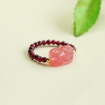 Buddha Stones Garnet Beads Strawberry Quartz Pixiu Protection Ring - image 6