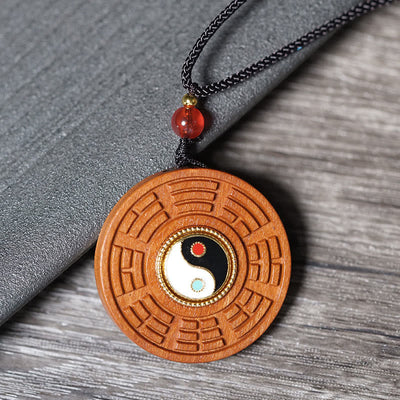 Buddha Stones Lightning Struck Jujube Wood Yin Yang Bagua Luck Necklace Pendant - Lightning Struck Jujube Wood - image 1