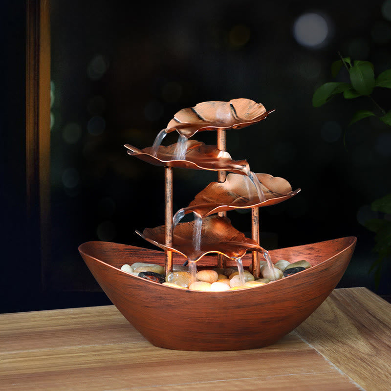Buddha Stones Lotus Leaf Shaped Waterfall Fountain Tabletop Ornaments With LED Light Home Office Desktop Decoration - Brown(Metal Version) - image 21