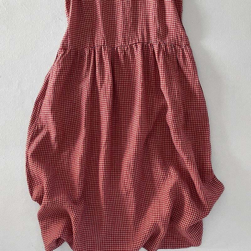 Buddha Stones Casual Plain Handmade Plaid Midi Dress Cotton Sleeveless Dress With Pockets - image 6