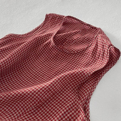 Buddha Stones Casual Plain Handmade Plaid Midi Dress Cotton Sleeveless Dress With Pockets - image 7