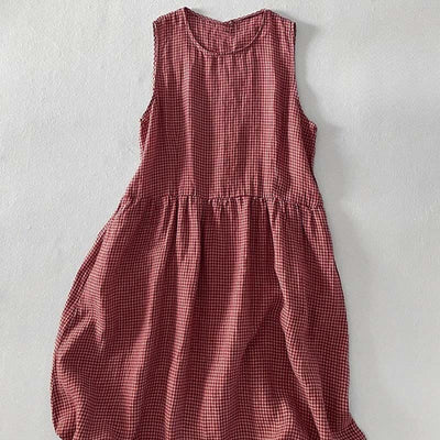 Buddha Stones Casual Plain Handmade Plaid Midi Dress Cotton Sleeveless Dress With Pockets - image 4