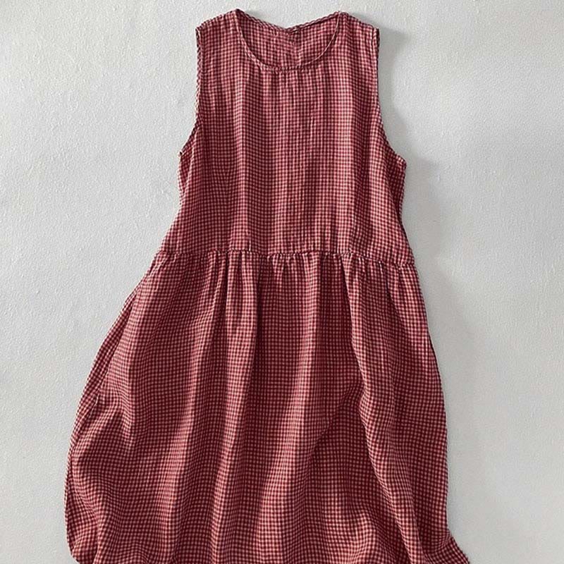Buddha Stones Casual Plain Handmade Plaid Midi Dress Cotton Sleeveless Dress With Pockets - image 4