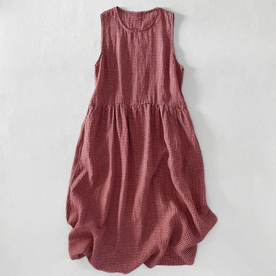 Buddha Stones Casual Plain Handmade Plaid Midi Dress Cotton Sleeveless Dress With Pockets - DarkSalmon - US16，UK/AU20，EU48 (3XL) - image 0