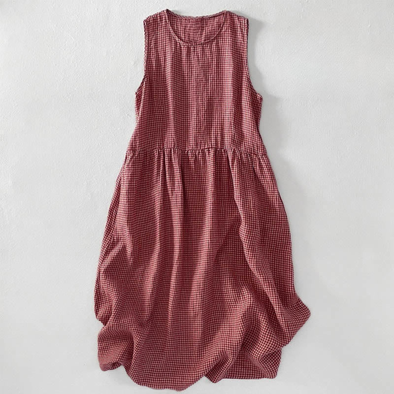 Buddha Stones Casual Plain Handmade Plaid Midi Dress Cotton Sleeveless Dress With Pockets - DarkSalmon - US16，UK/AU20，EU48 (3XL) - image 0