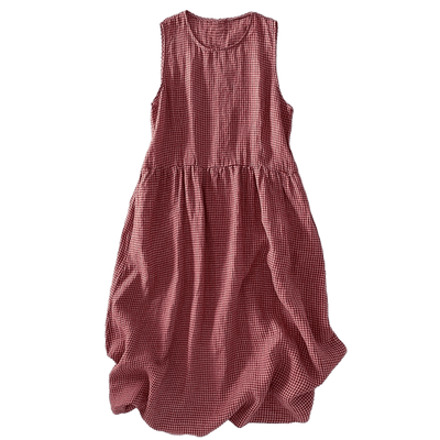 Buddha Stones Casual Plain Handmade Plaid Midi Dress Cotton Sleeveless Dress With Pockets - image 8