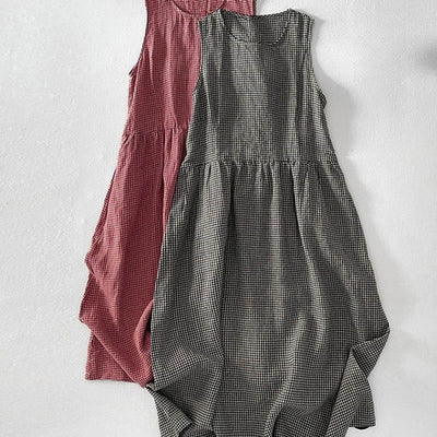 Buddha Stones Casual Plain Handmade Plaid Midi Dress Cotton Sleeveless Dress With Pockets - image 17