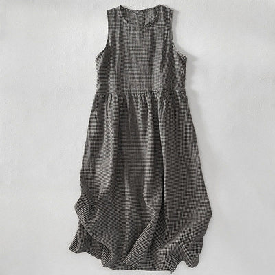 Buddha Stones Casual Plain Handmade Plaid Midi Dress Cotton Sleeveless Dress With Pockets - DimGray - US16，UK/AU20，EU48 (3XL) - image 9