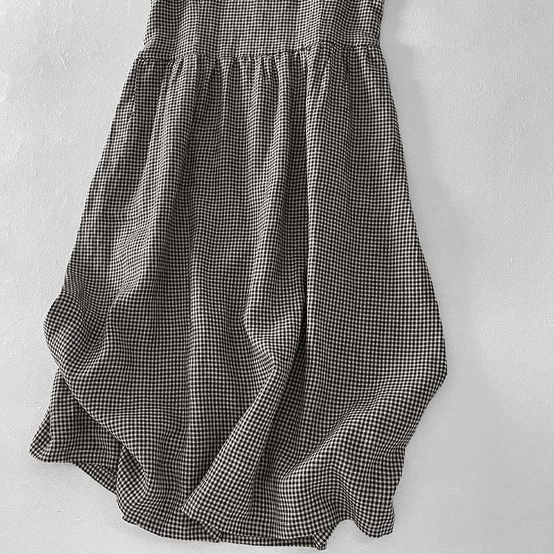 Buddha Stones Casual Plain Handmade Plaid Midi Dress Cotton Sleeveless Dress With Pockets - image 13
