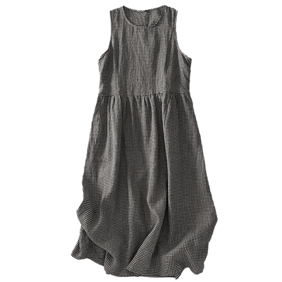 Buddha Stones Casual Plain Handmade Plaid Midi Dress Cotton Sleeveless Dress With Pockets - image 16