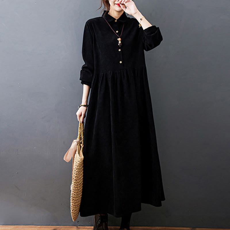 Buddha Stones Fall Buttons Design Long Sleeve Cotton Corduroy Midi Dress With Pockets - image 4