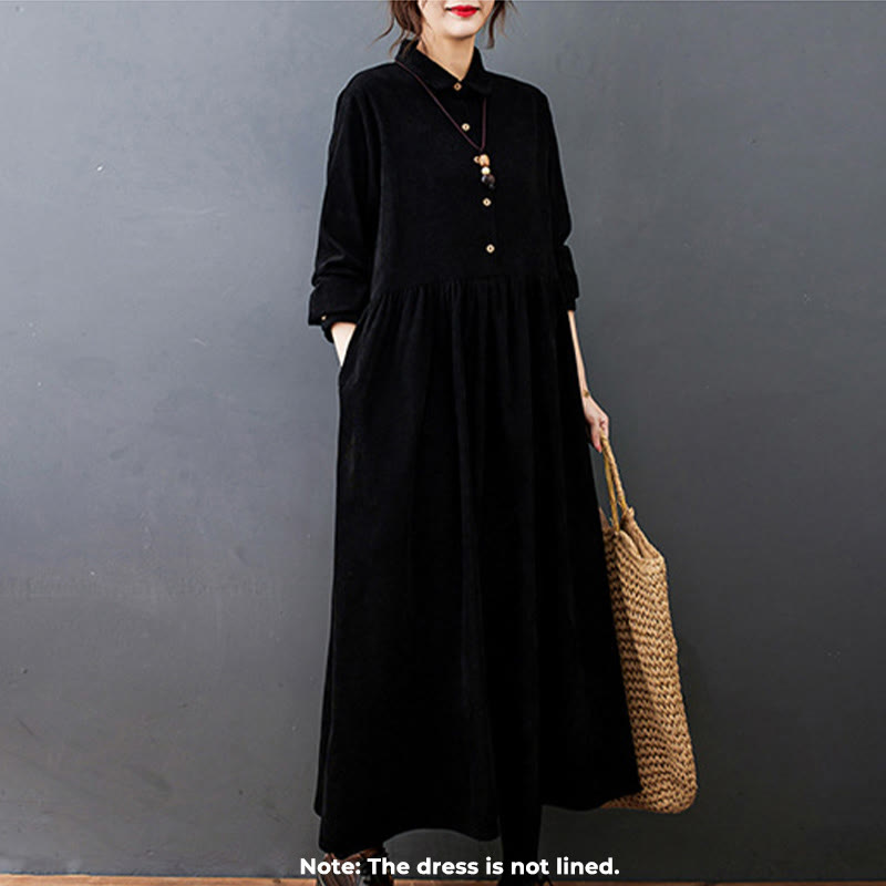 Buddha Stones Fall Buttons Design Long Sleeve Cotton Corduroy Midi Dress With Pockets - image 1