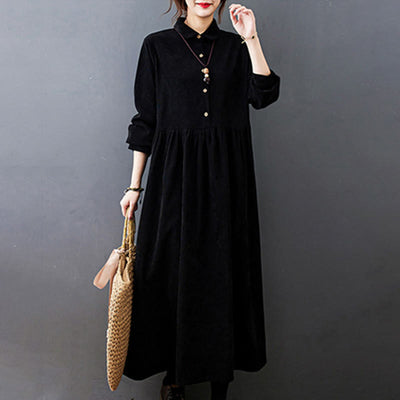 Buddha Stones Fall Buttons Design Long Sleeve Cotton Corduroy Midi Dress With Pockets - image 6