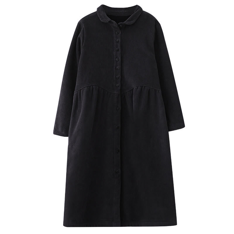 Buddha Stones Plain Buttons Long Sleeve Women's Corduroy Fleece-Lined Coat With Pockets - image 8