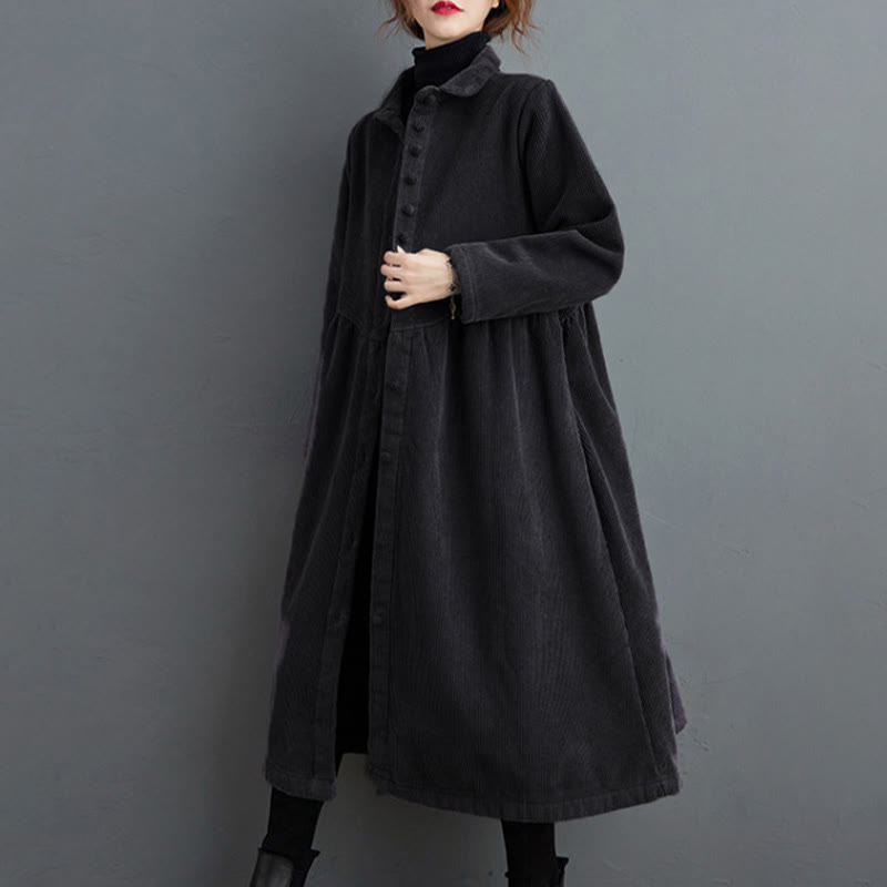 Buddha Stones Plain Buttons Long Sleeve Women's Corduroy Fleece-Lined Coat With Pockets - image 1