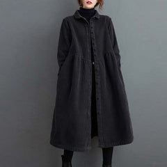 Buddha Stones Plain Buttons Long Sleeve Women's Corduroy Fleece-Lined Coat With Pockets - Black - US8-10，UK/AU12-14，EU40-42 (2XL) - image 0