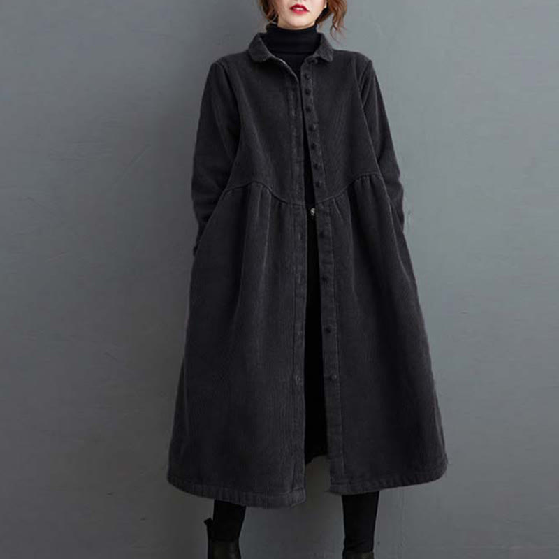 Buddha Stones Plain Buttons Long Sleeve Women's Corduroy Fleece-Lined Coat With Pockets - Black - US8-10，UK/AU12-14，EU40-42 (2XL) - image 0