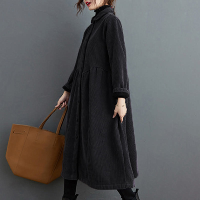 Buddha Stones Plain Buttons Long Sleeve Women's Corduroy Fleece-Lined Coat With Pockets - image 4