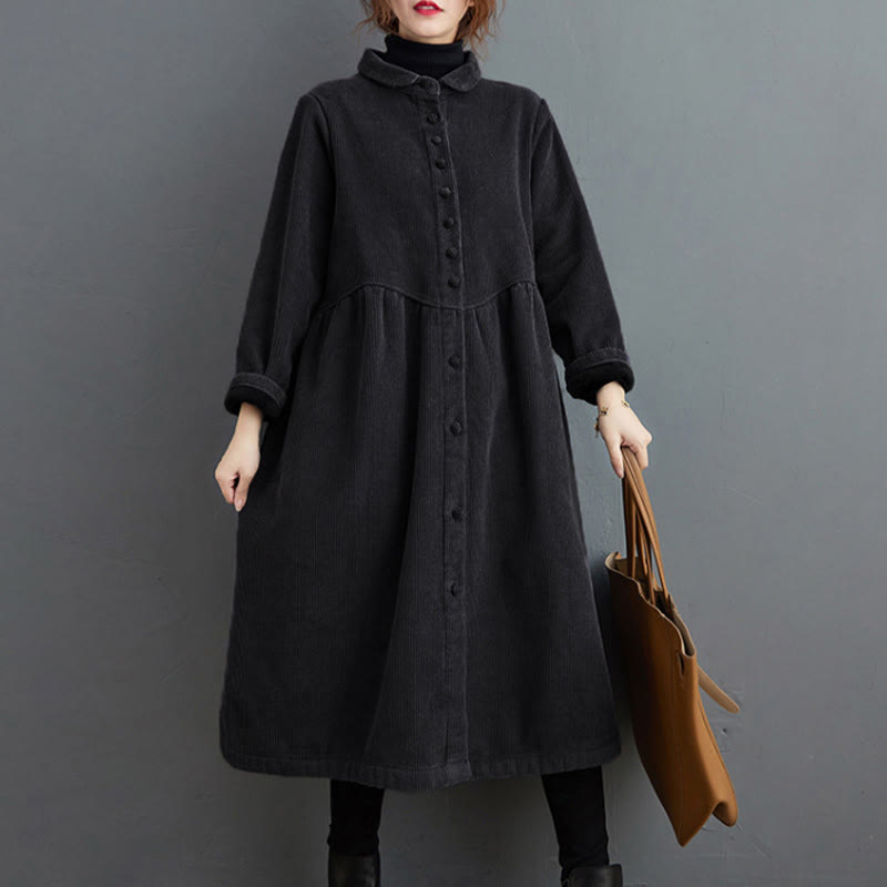 Buddha Stones Plain Buttons Long Sleeve Women's Corduroy Fleece-Lined Coat With Pockets - image 2