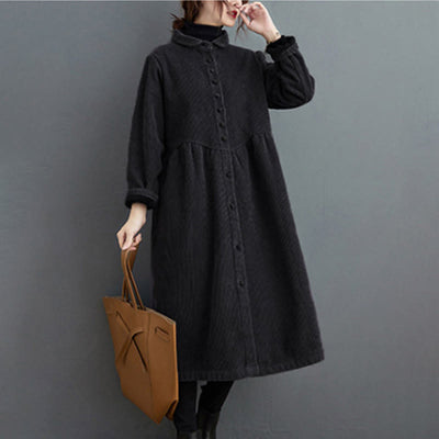 Buddha Stones Plain Buttons Long Sleeve Women's Corduroy Fleece-Lined Coat With Pockets - image 3
