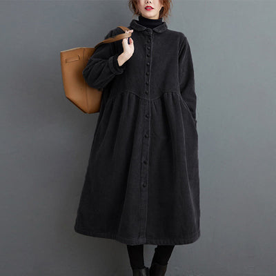 Buddha Stones Plain Buttons Long Sleeve Women's Corduroy Fleece-Lined Coat With Pockets - image 5