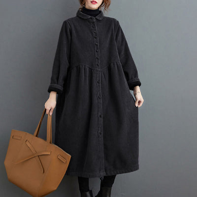 Buddha Stones Plain Buttons Long Sleeve Women's Corduroy Fleece-Lined Coat With Pockets - image 6