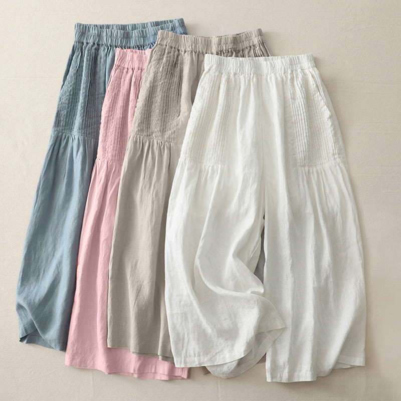 Buddha Stones Casual Plain Tucker Pleats Elastic Women's Polyester Wide Leg Pants With Pockets - image 21